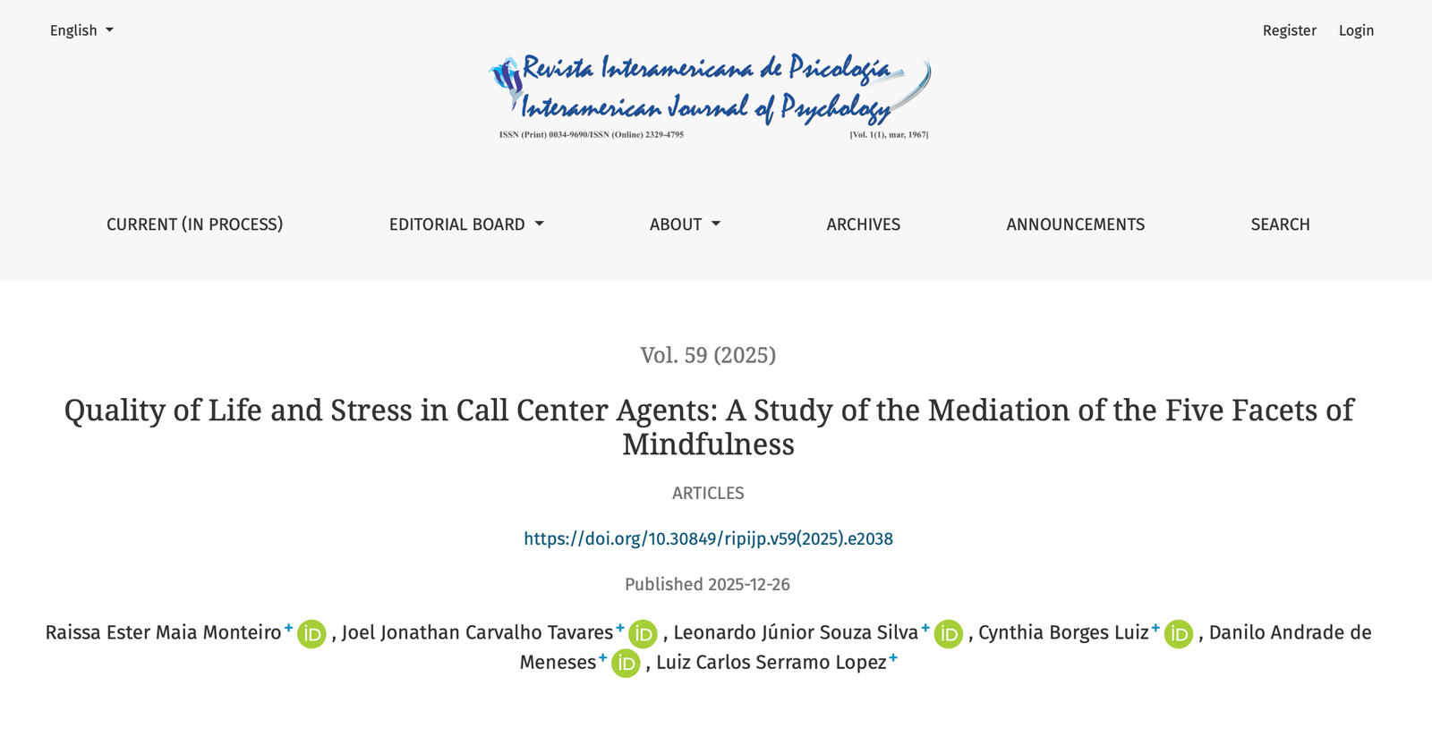 Quality of Life and Stress in Call Center Agents: A Study of the Mediation of the Five Facets of Mindfulness